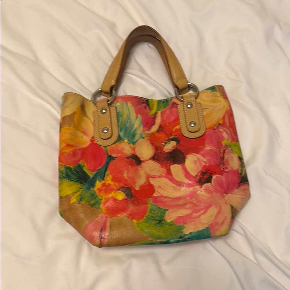 Floral Canvas Tote Bag purse - Multicolor. Genuine leather. Mauricio Taiuti.
